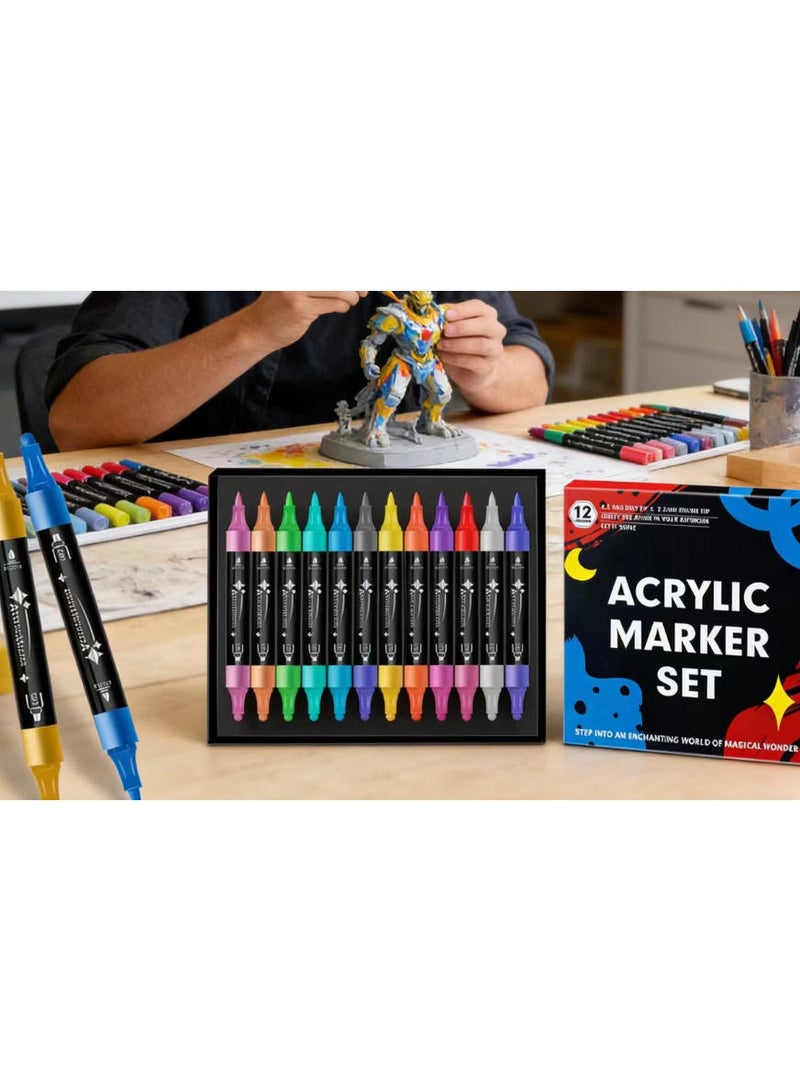 موردلي مجموعة أقلام تحديد أكريليك مكونة من 12 لونًا، برأسين مزدوجين (رأس رفيع ورأس فرشاة) للرسم والتلوين والأعمال اليدوية (قائمة على الماء، قابلة للطبقات، غير سامة). - Image 3